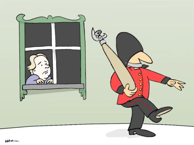 Assange exilado na Embaixada do Equador em Londres. Ilustração Gianfranco Uber